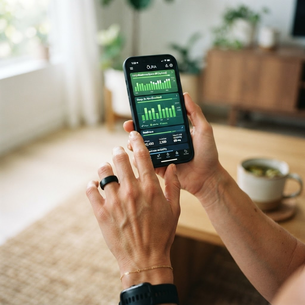 Person reviewing their Aura health data on a phone while wearing the Aura Ring